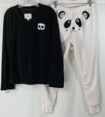 PJ Couture Panda Pajamas Sleepwear White/ Black Long Sleeve Fleece Sz (L)