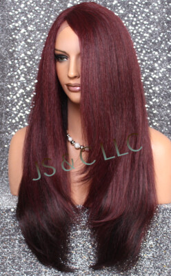 Human Hair Blend Full Lace Front wig Heat OK Long Straight JSLA Cabernet Burgund