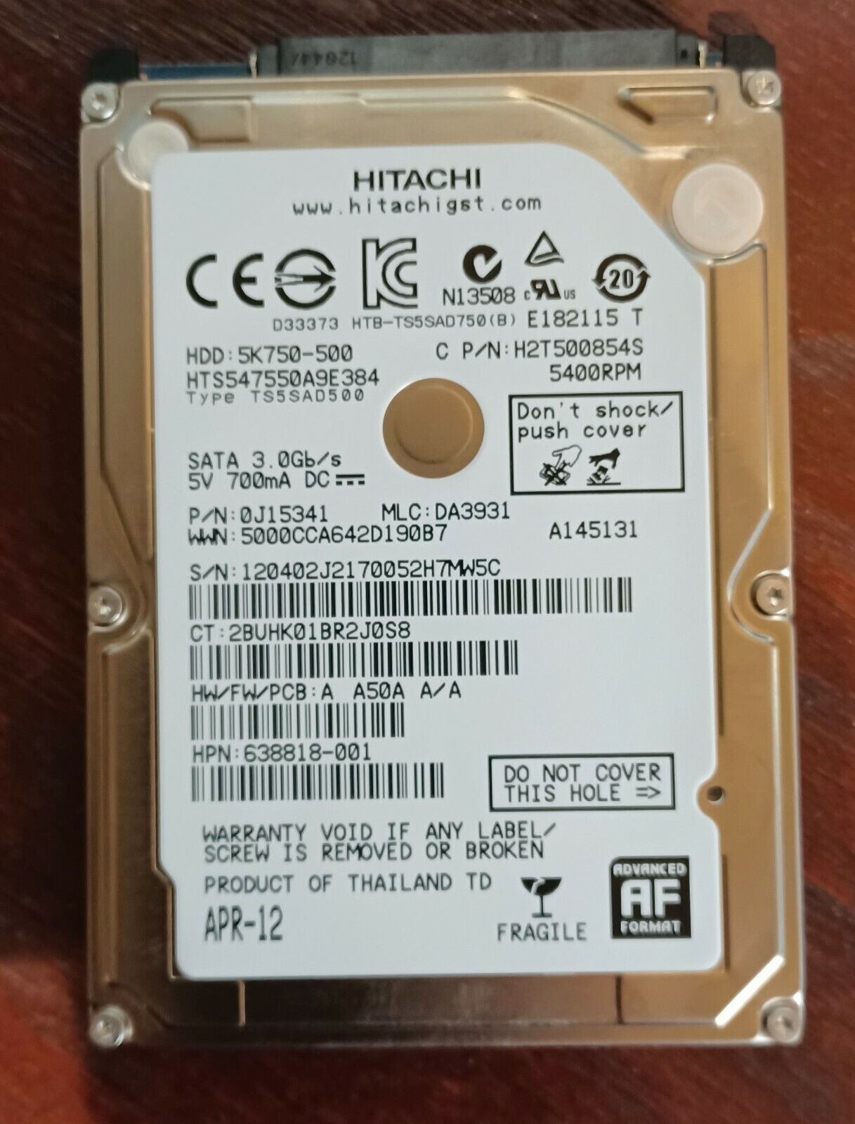 2.5" Hitachi Travelstar 5K750 SATA Laptop Hard Drive Formatted Clean 500 GB HD