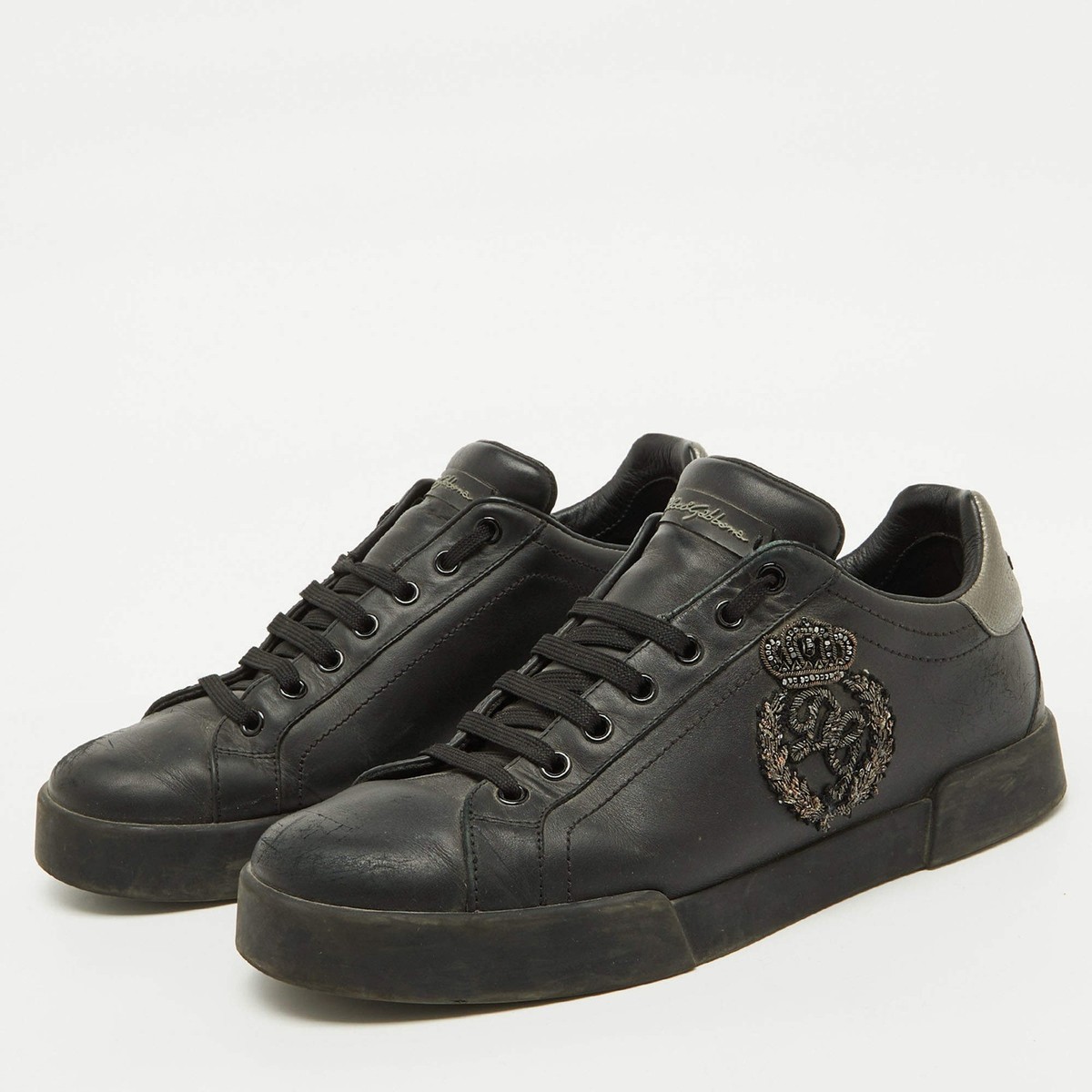 Dolce Gabbana Black Leather Portofino Crown Patch Sneakers Size 41