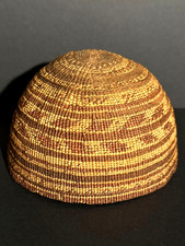 EXTRAORDINARY N.CALIFORNIA FANCY CAP BASKET,BEAR GRASS OVERLAY,C1890,EXCELLT,NR!
