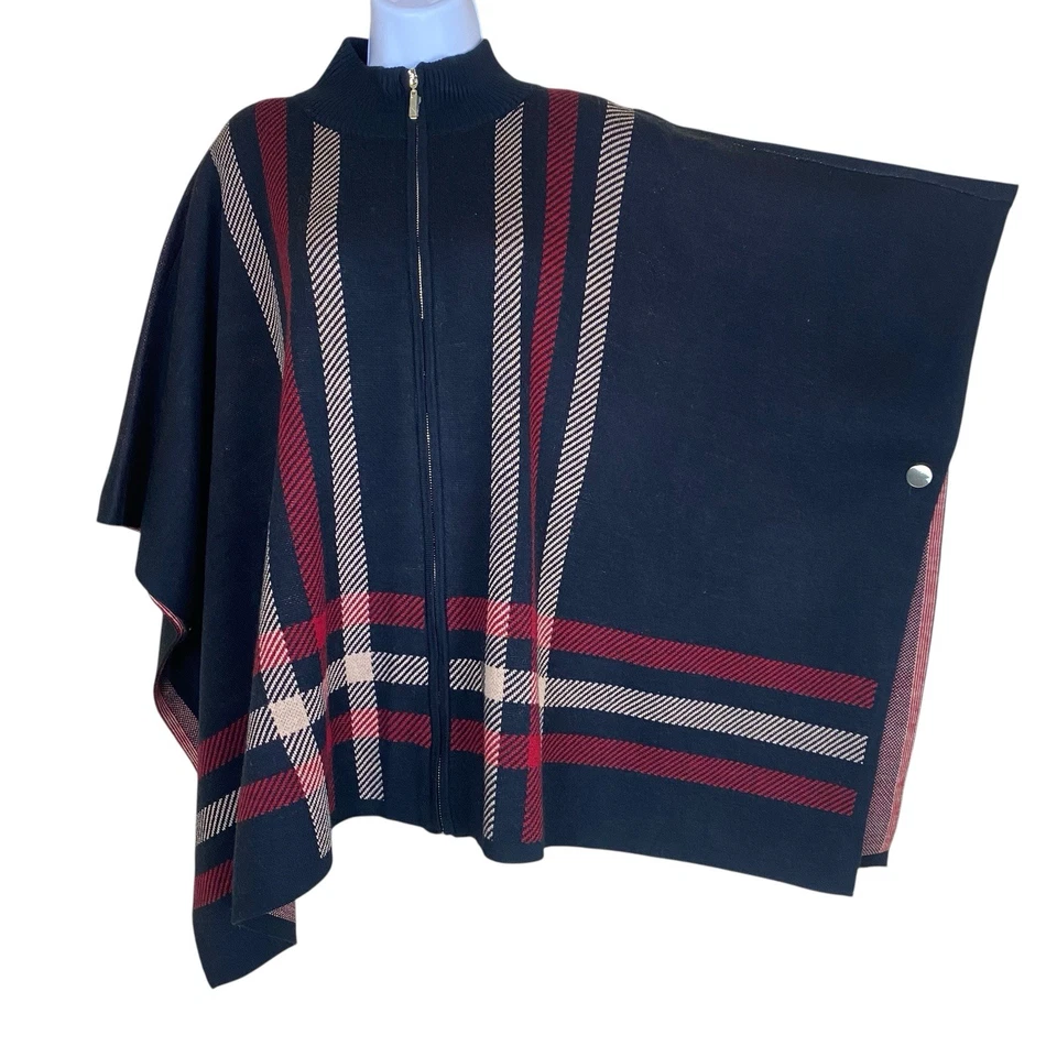Nuevo sin etiquetas Poncho Capa Negra Tartán a Cuadros Cremallera Frontal Talla Grande Foto 2 de 4