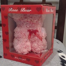 Pink Artificial Rose Bear Foam Teddy 10in w/ Red Heart Window Gift Box
