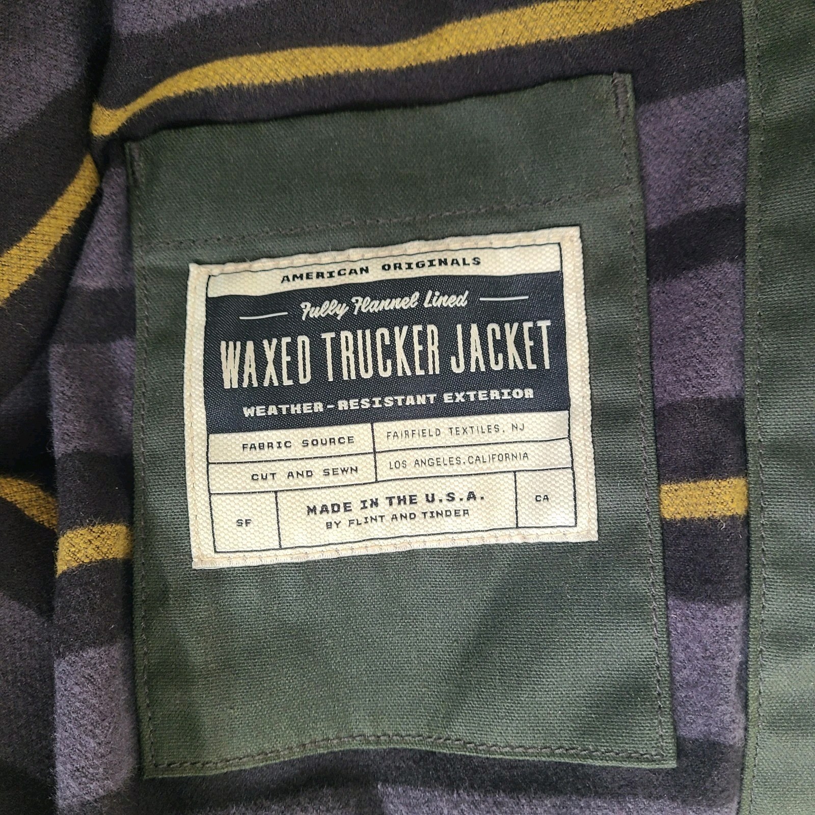 Flint And Tinder Mens XL Flannel Lined Waxed Trucker Jacket Green Workwear