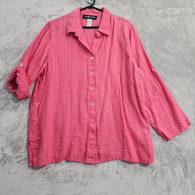 Sag Harbor Top Womens XL Pink Linen Gauze Button Front Rol Tab Sleeves Casual