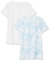 Damen T-Shirt 2Er Pack Blau Batik/Weiß, Amazon Essentials, GrößE M, Baumwolle