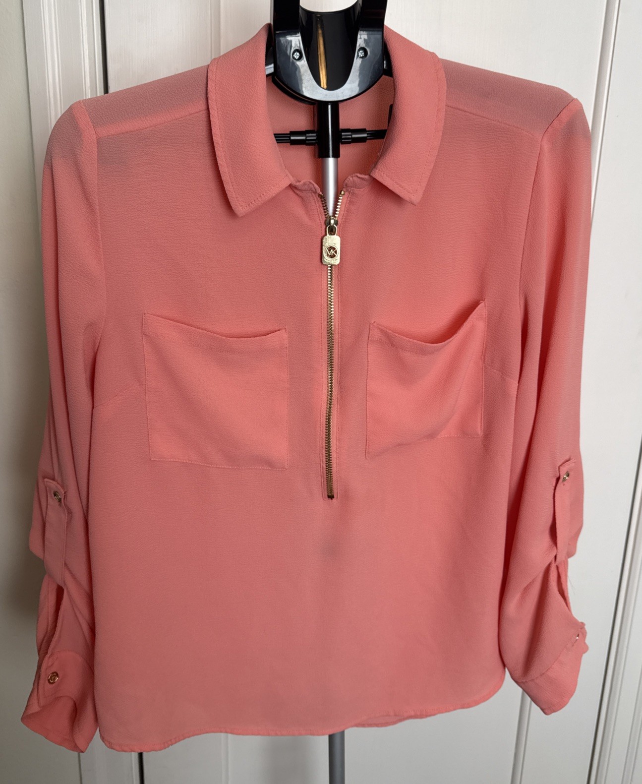 Michael Kors MK Coral Pink Georgette Zip Front Top Size Large