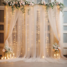 20 10Ft Champagne Tulle Backdrop Curtain with Lights String for Parties, Sheer C
