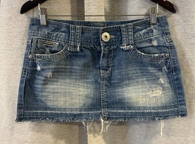 Y2K Aeropostale Denim Mini Micro Skirt junior 5/6 Distressed Raw Hem Low Rise