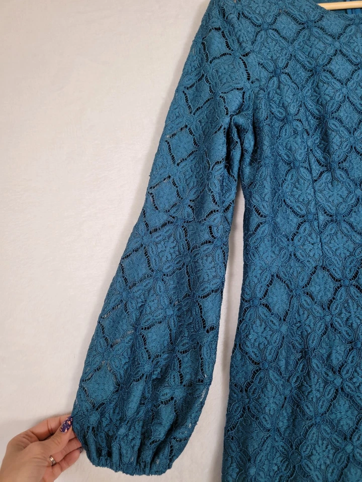 London Times Blue Floral Lace Puff  Sleeve Dress Lined Holiday Fall X-Mass Sz 16 - Image 3 of 4