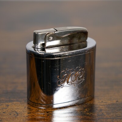 Vintage table lighter / petrol lighter with engraving H.R. chrome or silver plated