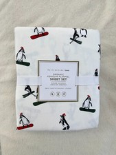 Pottery Barn Teen Penguin Organic Flannel Queen Sheet Set Holiday Ski Red Ivory