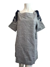 Large Mini Shift Dress Sleeve Ties Casual Blue White Pin Stripes NWT Doe & Rae