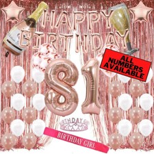 81st Birthday Rose Gold Decorations - 40" Number Balloons, Foil Curtains  More