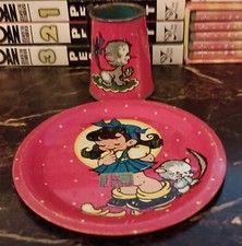 Rare Vintage Ohio Art Co. 50s Thru 70s Metal Tin Tea Set Girl  Cat Plate