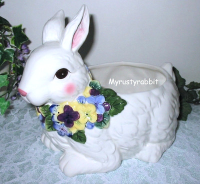 Corner Ruby White Bunny Planter with Flowers - Figurine - Easter Spring 8'' Tall