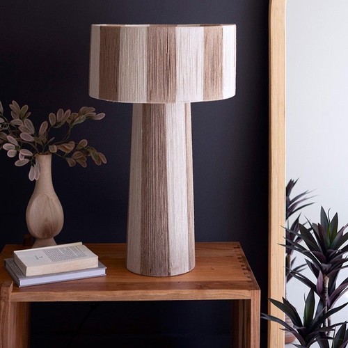 Natural Jute Covered Thick Striped Table Lamp 28 in Brown Khaki Two Tone Neutral - Picture 4 of 4