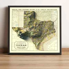 Texas Map, Texas 2D Relief Map, Texas Vintage Map - 2D Flat Print