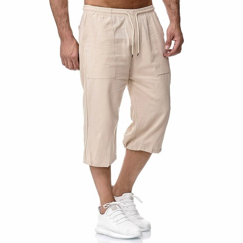 Men Linen Shorts 3/4 Pants Crop Capri 