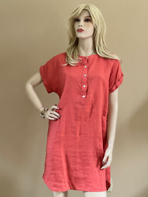 MAGASCHONI 100% LINEN Shift DRESS CORAL M Medium A++