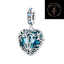 🩷 Blue Glass Tree Of Life Heart Dangle Charm S925 Genuine Sterling Silver 🩷