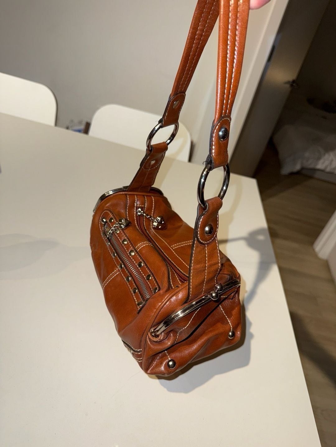Kathy Van Y2K Zeeland Brown Studded Faux Leather Shoulder Bag with Heart Charms