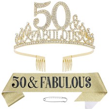 50th Birthday Decorations - Sash, Tiara  Crown for 2 piece Set, Gold