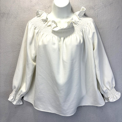 Tuckernuck Smocked Ruffle Blouse Shirt Womens Medium White Minimalist Office Top