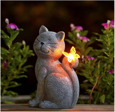 Solar Cat Garden Statue with Butterfly Outdoor Decor Gift for Mom, Grandma