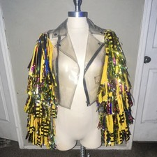 Michelle Uberreste Clear Jacket Yellow Black Gold Iridescent Fringe Sleeves