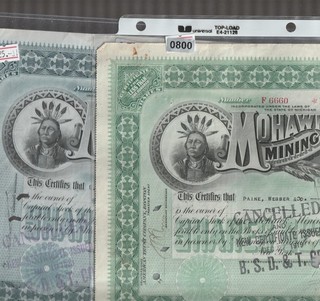 Mohawk Copperr Mine PAIR of green and blue Certificates MAKE OFFER Michigan 9605