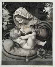 Andrea Solario Gravure Etching Vierge Au Coussin Vert Enfant Jésus Allaitement