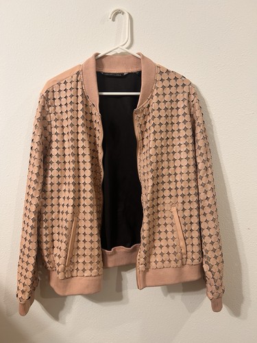 Colleen Lopez Women's XL Blush Faux Leather Mesh Bomber Jacket Zip Front Pink
