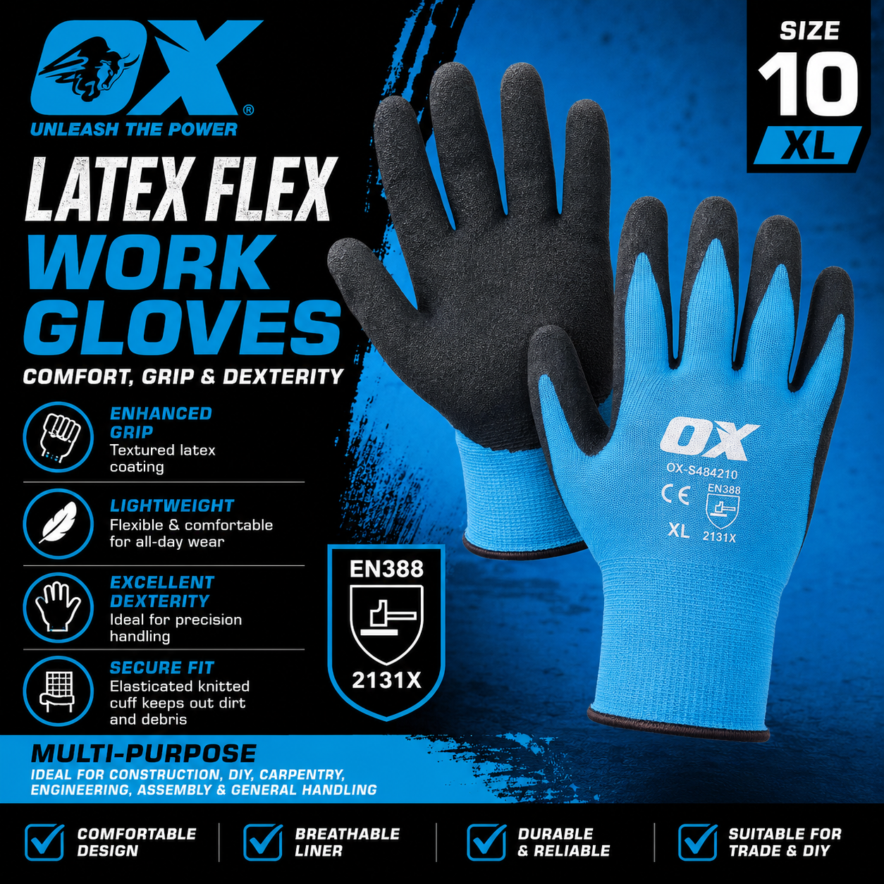 OX Tools Latex Flex Work Gloves Size 10 XL Safety Grip Builders OX-S484210 - Image 2