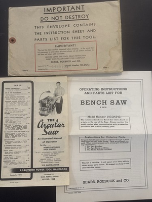 #ad Vintage 1952 Sears Craftsman Bench Saw Manual Model 103.24242 Envelope $19.99