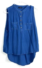 Style House Solid Blue Round Neck Button Accent Pockets Sleeveless Size XL
