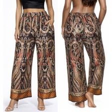 Pantaloni Donna a Palazzo Paisley Multicolore Vita Elastico Stile Boho nuovo