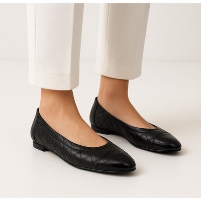 Quiet Luxury AGL Black Quilted Leather Cap Toe Ballet Flats EU 40 US 9 Italy