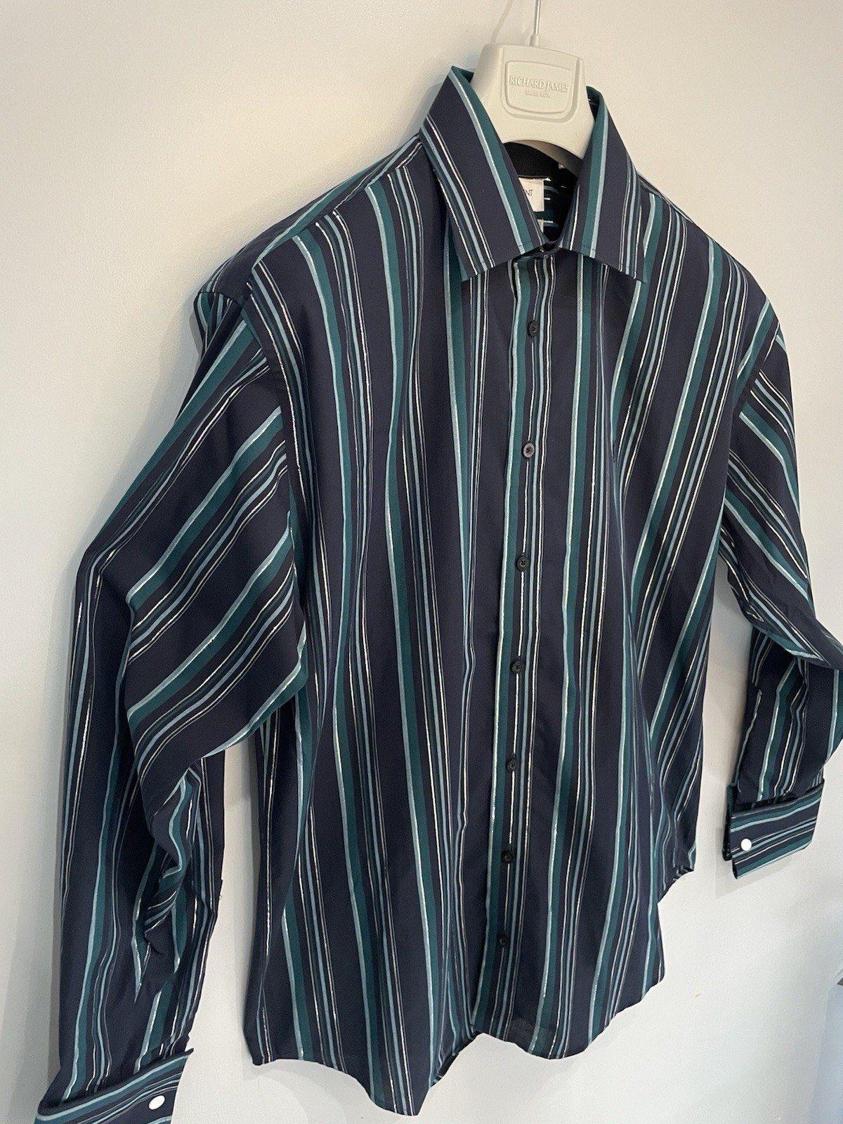 Camicia formale Yves Saint Laurent uomo blu navy verde a righe cotone polsino a D media