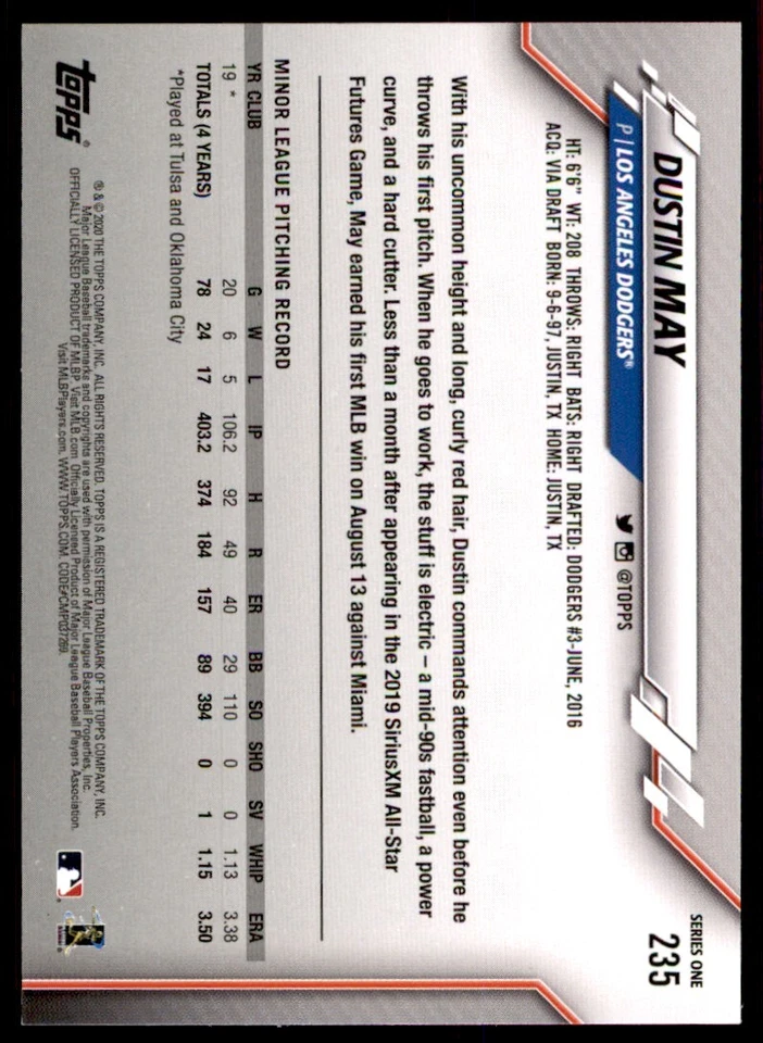 2020 Topps #235 Dustin May RC - Image 2 of 2