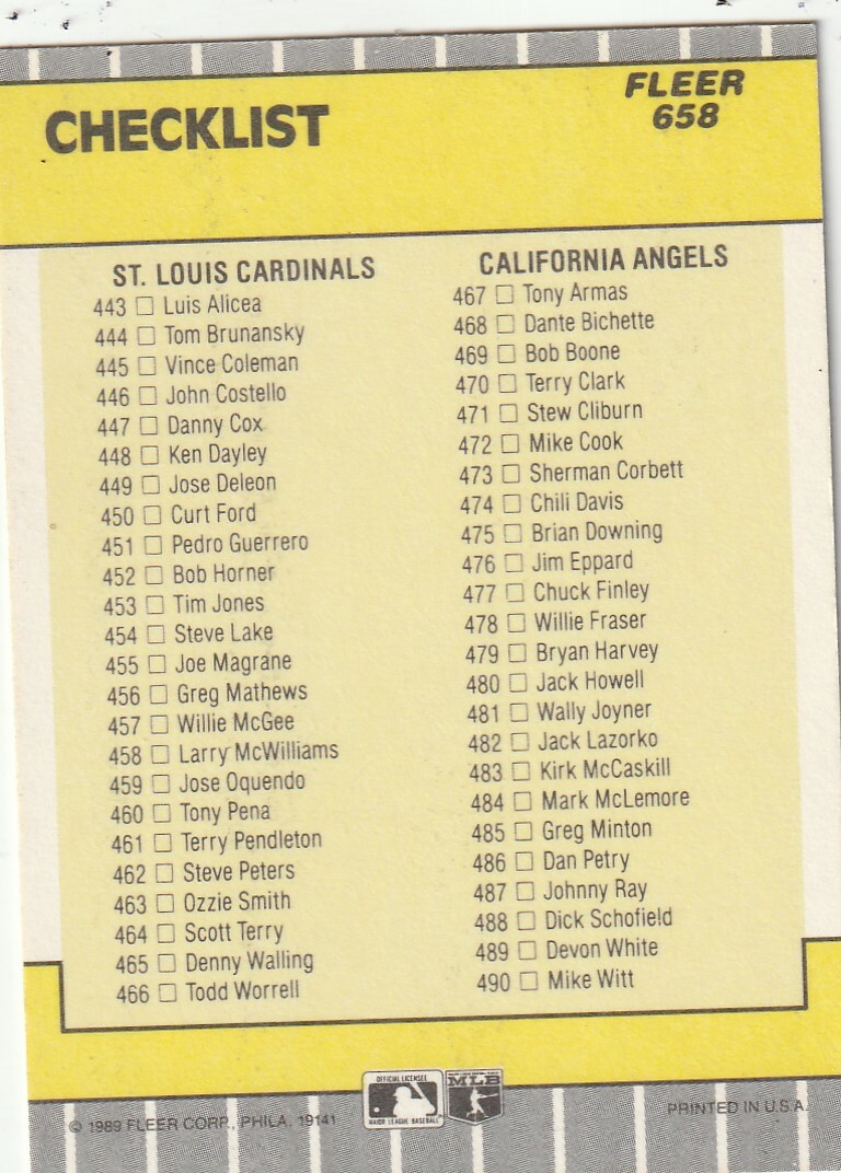 FREE SHIPPING-MINT-1989 Fleer Checklist #658 PLUS BONUS CARDS