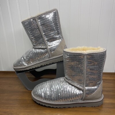 UGG Australia Size 6 Classic Short Silver Sequin Sheepskin Lined