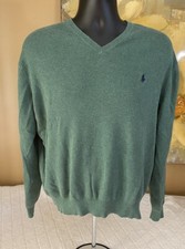 Ralph Lauren Men  s Green V Neck Sweater Long Sleeve 100 Pima Cotton Size Large