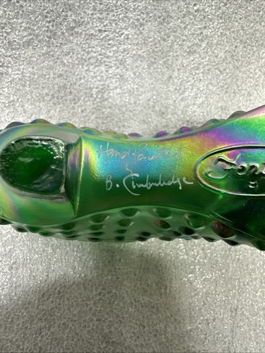 Fenton Green Carnival Glass Imperial Slipper Hand Painted & Signed 6.5" - Picture 10 of 12