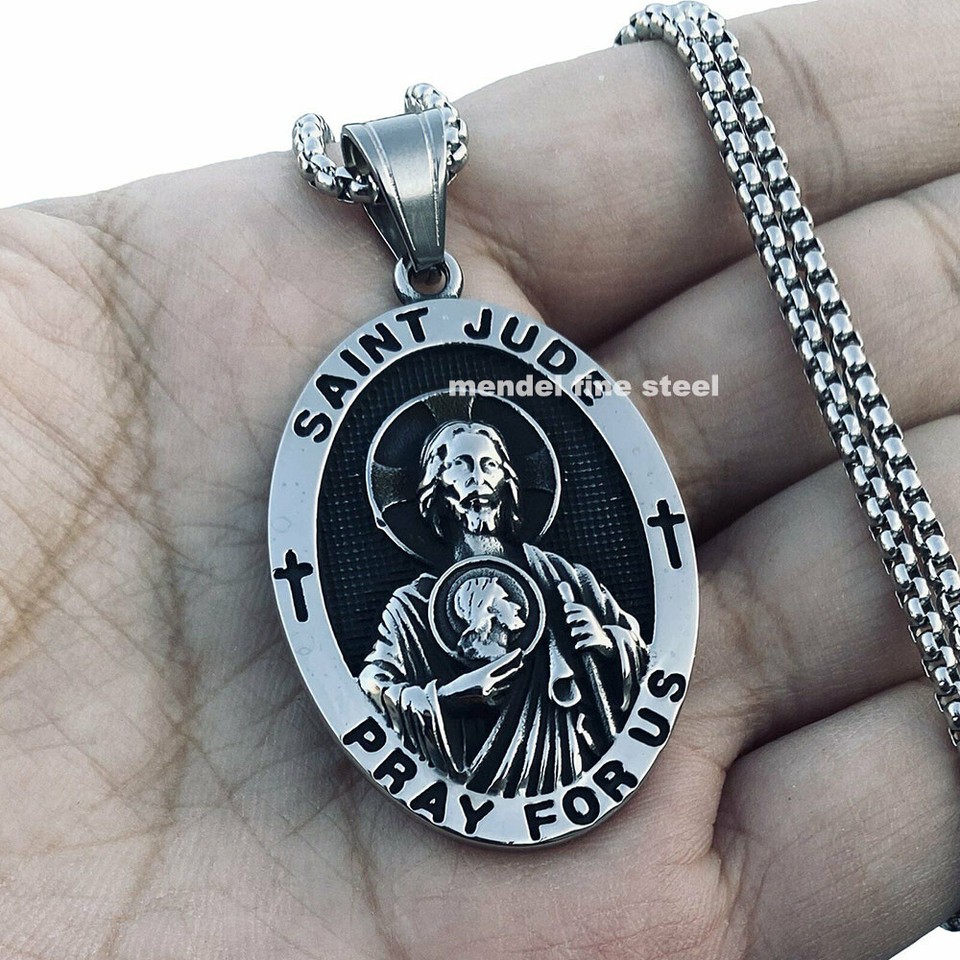 Saint Jude Round Pendant Necklace In Solid Sterling Silver Pray For Us - Foto 8