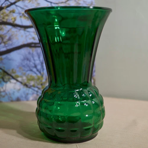 Anchor Hocking Forest Green 9" Flared Pineapple Vase Vintage 1960s Green Glass