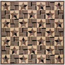 Bingham Star King Quilt Hand Stitched Black & Tan Country Strip Block Patchwork