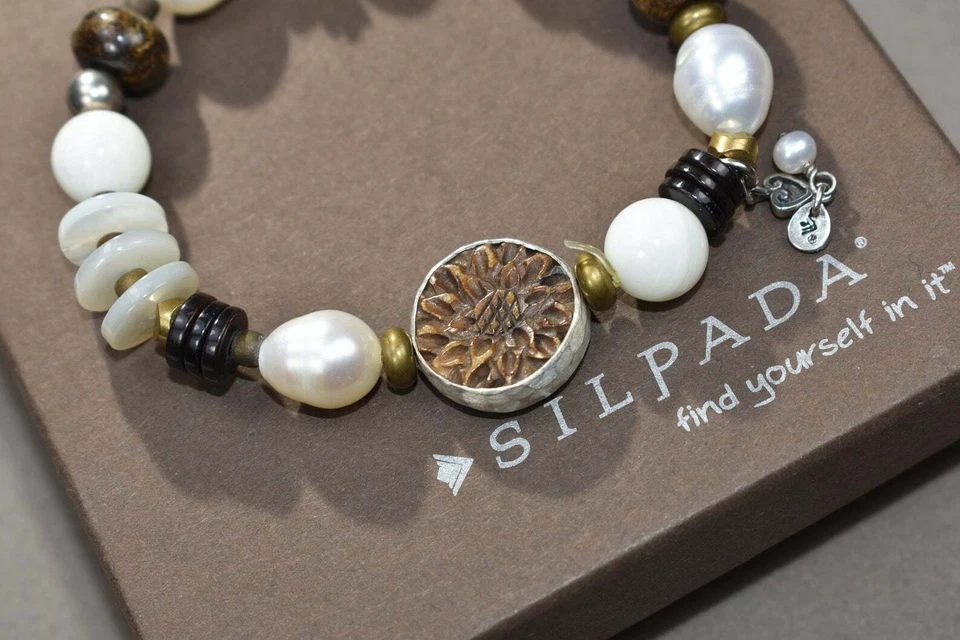 Pulsera elástica Silpada de plata de ley 925 con perlas de bronceita de madera B1989 Foto 4 de 4