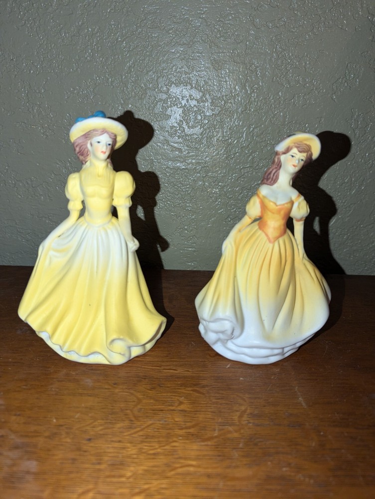 Two Vintage Figurines Kay’s Collection Elegant Porcelain Ladies Yellow Dresses