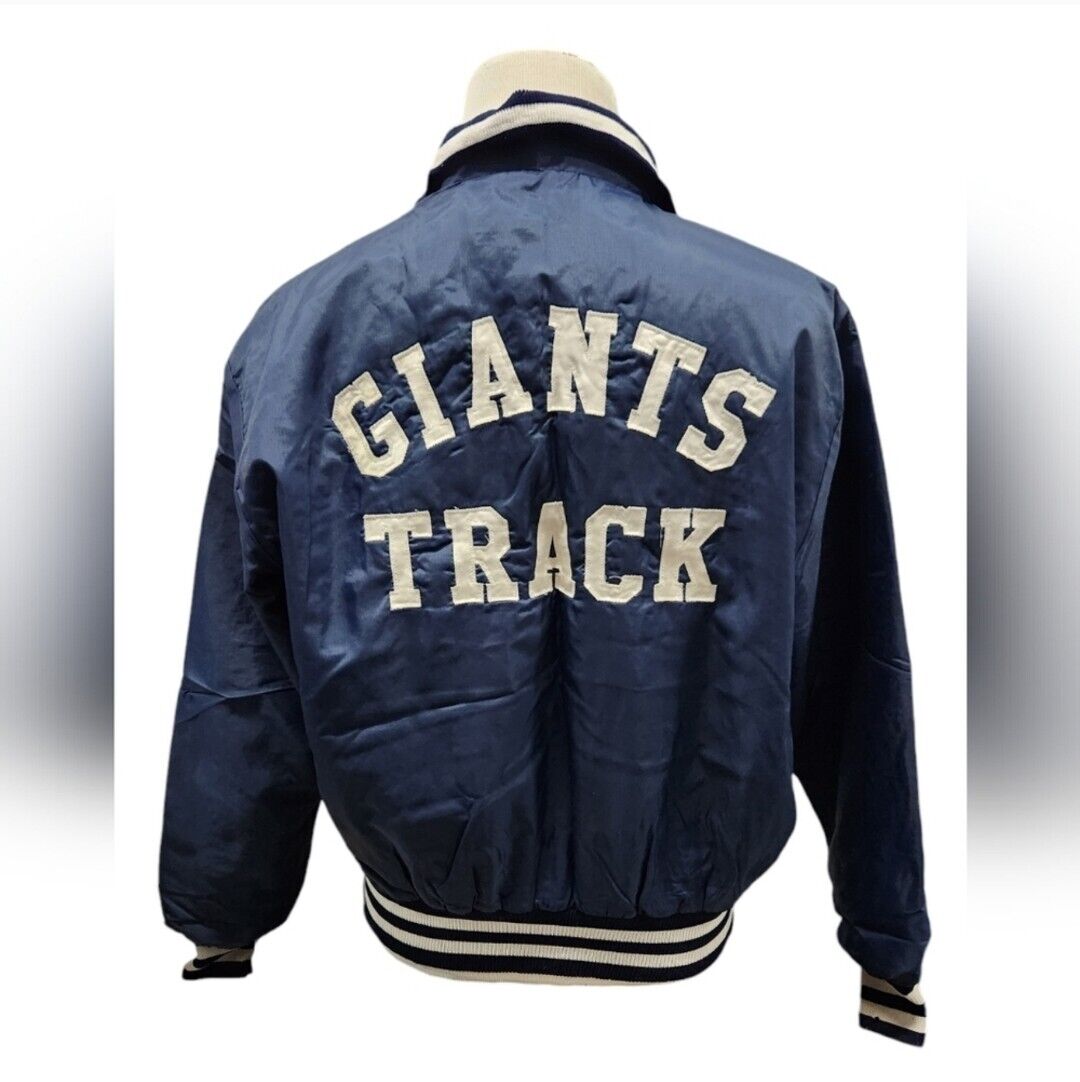 Vtg Delong Size Large Blue Satin Varsity Jacket Giants Track Vtg Delong Size Large Blue Satin Varsity Jacket Giants Track